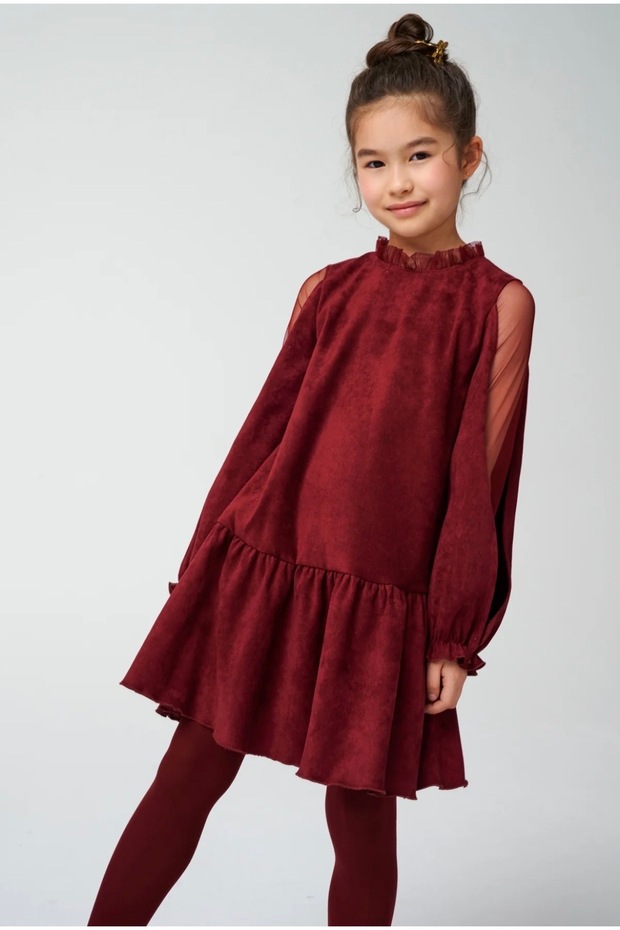 Burgundy Color Velvet Designer Dress with Chiffon Tulle Details on the Sleeves