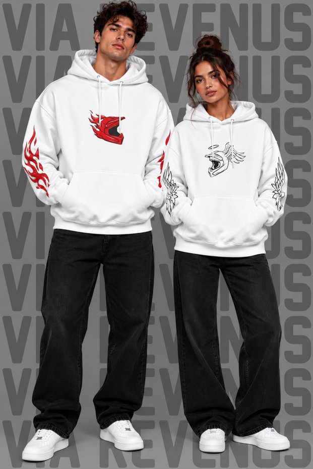 Biker Printed Lover's Combination Wide Fit Hooded Sweatshirt - 2-Piece Set