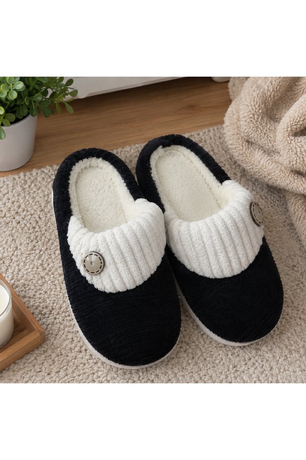 Women's Soft Plush House Slippers with Button Detail - Warm Ribbed Plush Indoor Shoes