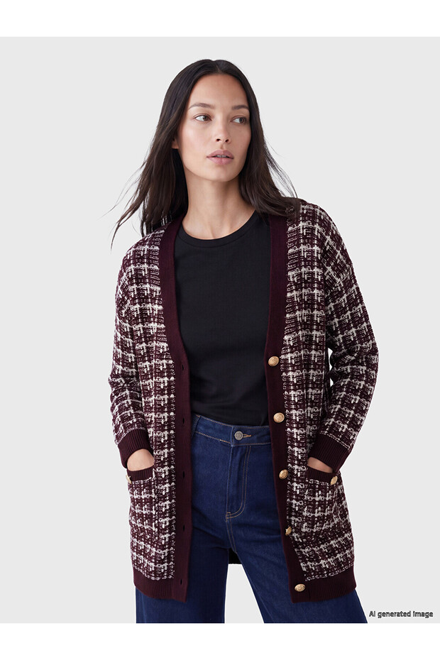 Two Mt Shop Quality Burgundy Knitwear Plaid Midi Women's Cardigan