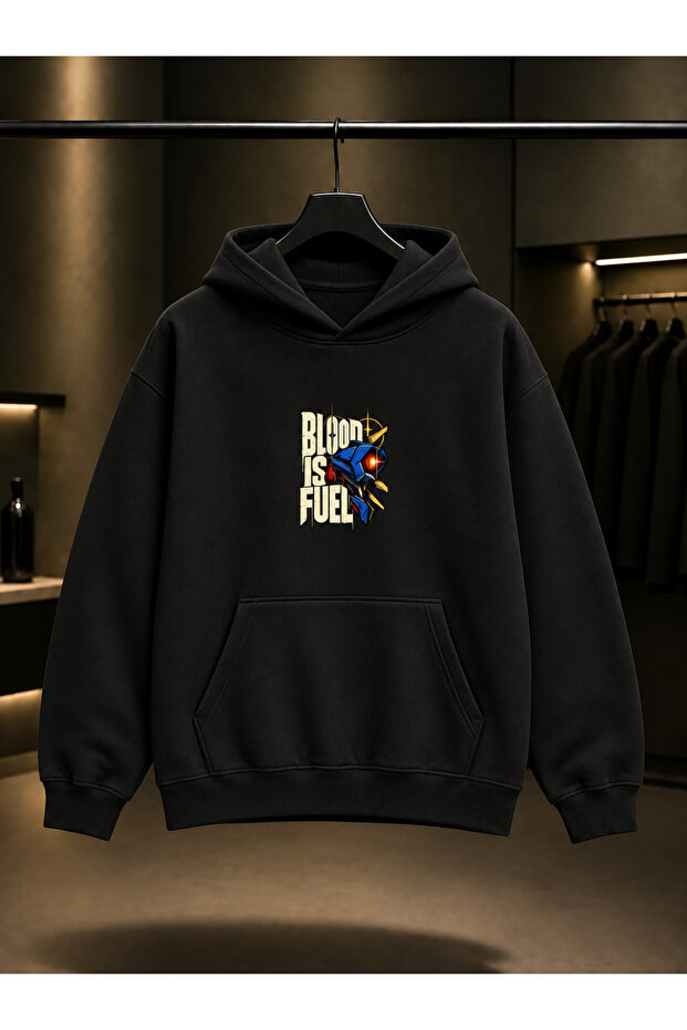 Ultrakill Blood Is Fuel Printed Unisex 100% Cotton Black Hooded Sweatshirt