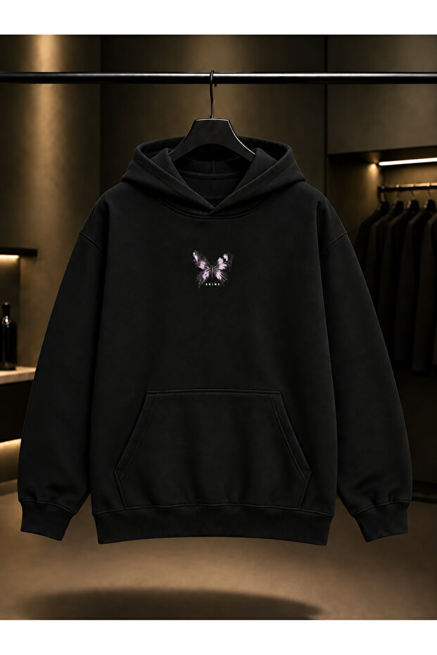 Skins Mini Butterfly Printed Unisex 100% Cotton Black Hooded Sweatshirt