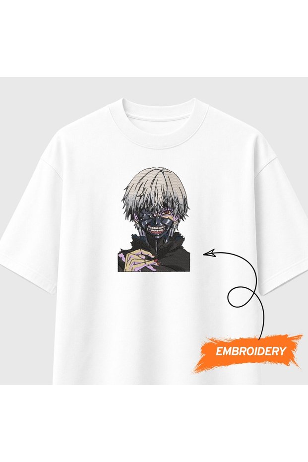 Ken Kaneki Tokyo Ghoul Anime Embroidered T-Shirt Unisex 100% Cotton