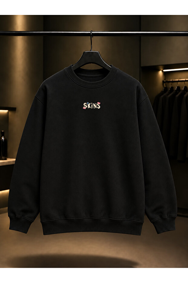 Skins Skins Type Printed Unisex 100% Cotton Black Crew Neck Sweatshirt