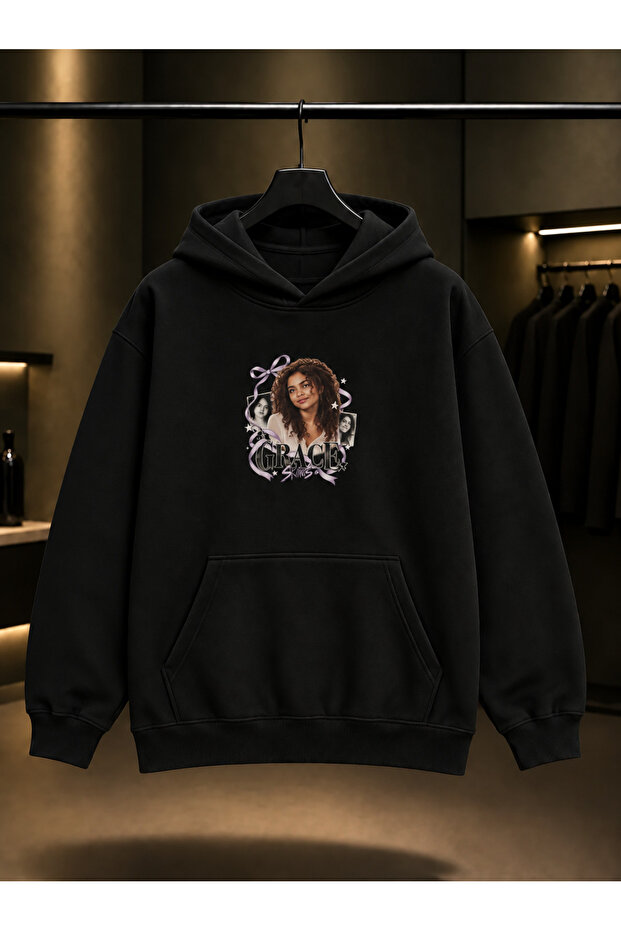 Skins Grace — Grace Printed Unisex 100% Cotton Black Hooded Sweatshirt