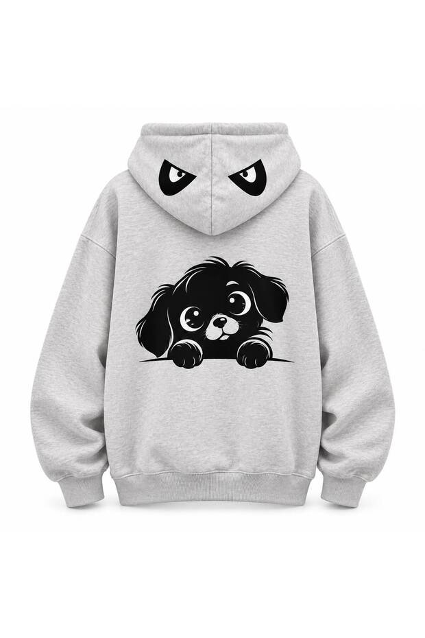 Unisex Dog Printed Gray Hooded Oversize Sweatshirt