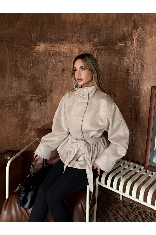New Season Women's Stand Collar Nubuck Suede High Collar Thick Textured Snap Detailed Back Gathered Belted Women's Jacket