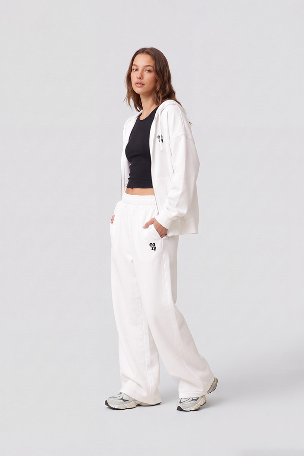 Women's Ecru Cotton Tracksuit Set Oversize Zippered Hooded Sweatshirt Loose Wide Leg