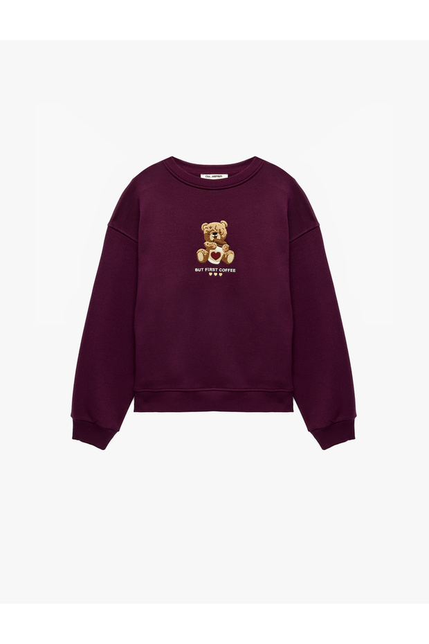 Comfortable Fit, Crew Neck, Long Sleeve, Teddy Bear Embroidered Sweatshirt