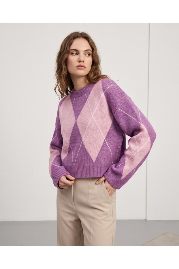 Women's Diamond Patterned Crew Neck Long Sleeve Knit Sweater