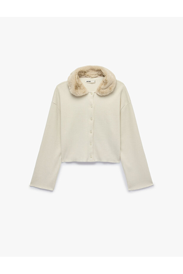 Long Sleeve Buttoned Faux Fur Collar Knitwear Cardigan