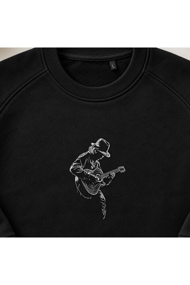 Guitarist Silhouette Line Art Embroidered Crew Neck Sweatshirt Unisex