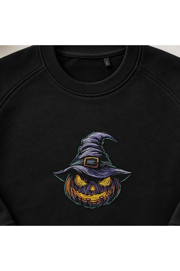 Witch Hat Pumpkin Embroidered Crew Neck Sweatshirt Unisex