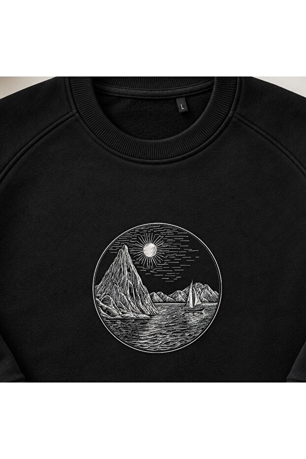 Vintage Mountain Lake Sailboat Embroidered Crew Neck Sweatshirt Unisex