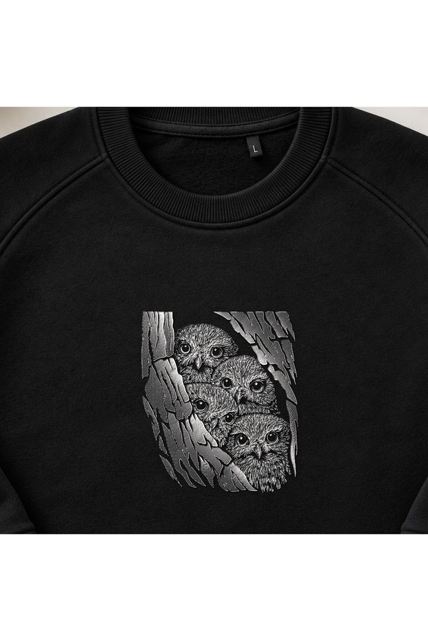 Baby Owls in a Tree Embroidered Crew Neck Sweatshirt Unisex