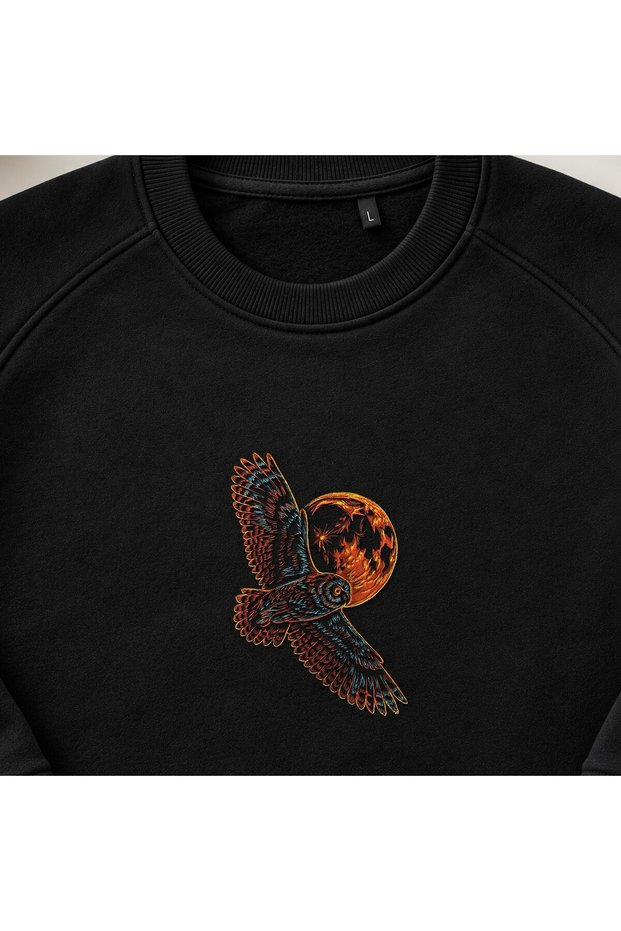 Red Moon Owl Mystical Embroidered Crew Neck Sweatshirt Unisex