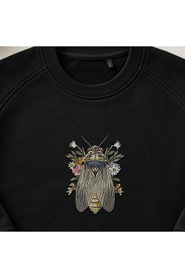 Floral Cicada Embroidered Crew Neck Sweatshirt Unisex
