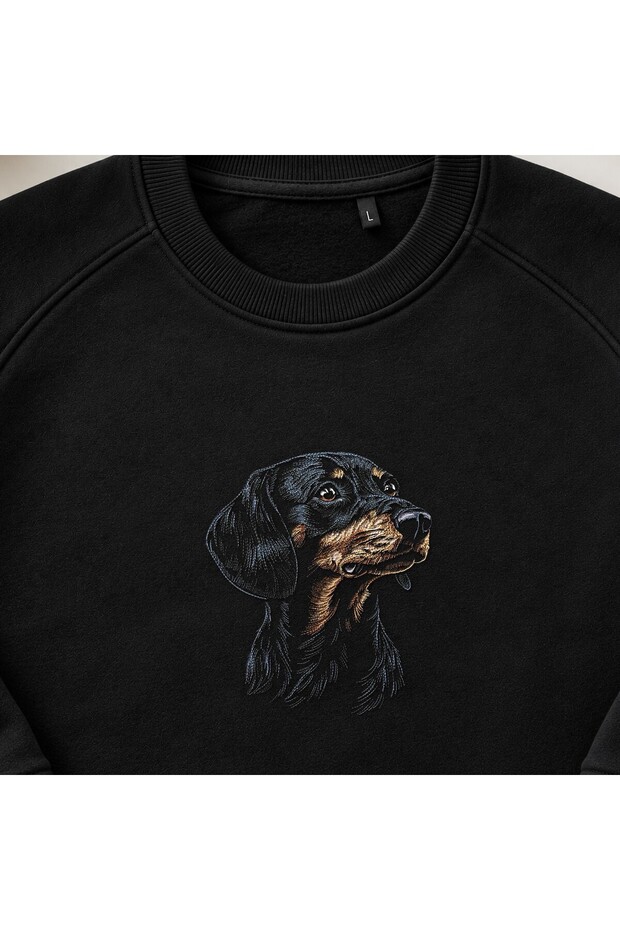 Black Brown Dachshund Portrait Embroidered Crew Neck Sweatshirt Unisex