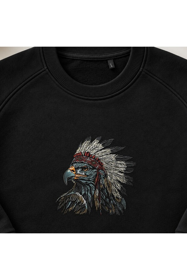 Feathered Headed Eagle Tribal Embroidered Crew Neck Sweatshirt Unisex