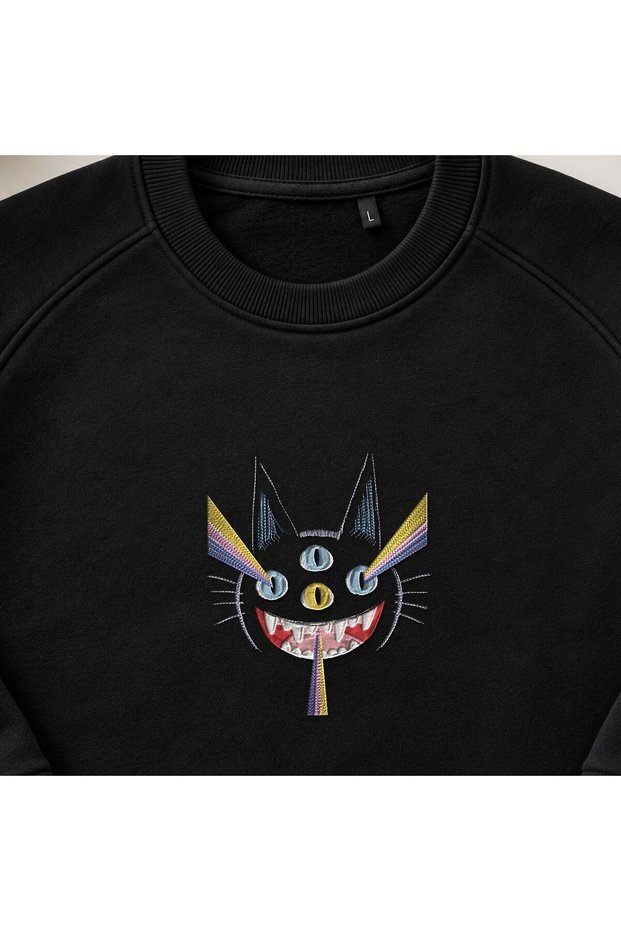 Psychedelic Cat with Laser Eyes Embroidered Crew Neck Sweatshirt Unisex