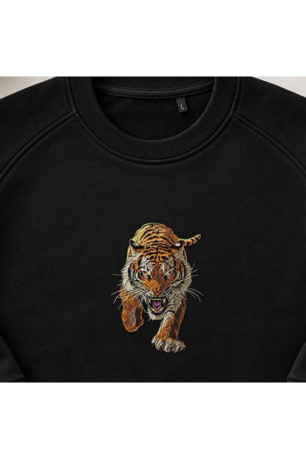 Wild Tiger Embroidered Crew Neck Sweatshirt Unisex