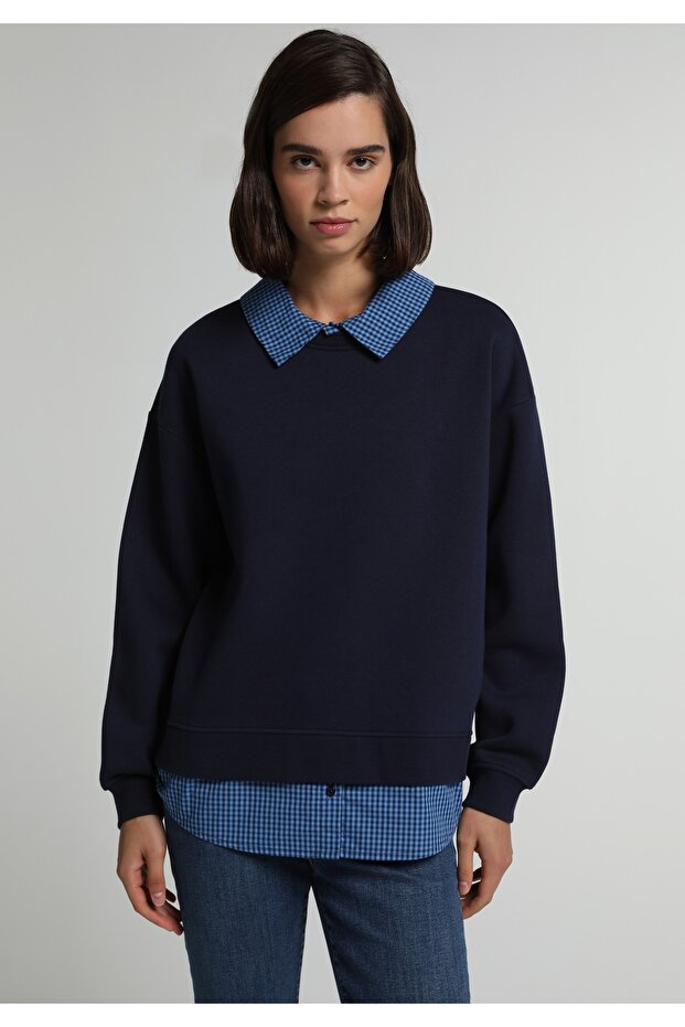 Regular Fit Shirt Neck Checkered Women's Navy Blue Sweatshirt