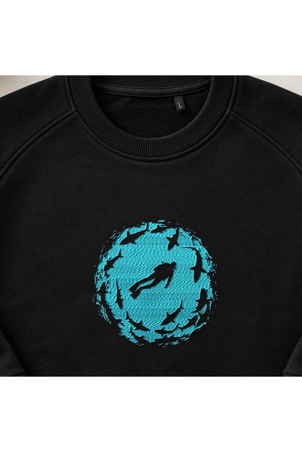 Diver and Shark Embroidered Crew Neck Sweatshirt Unisex