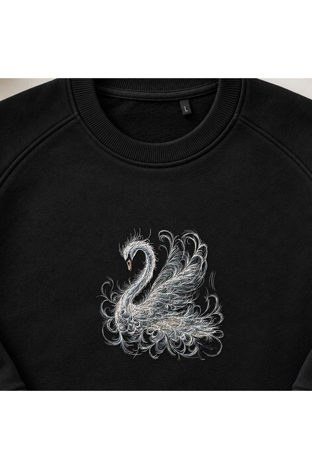 Elegant White Swan Embroidered Crew Neck Sweatshirt Unisex