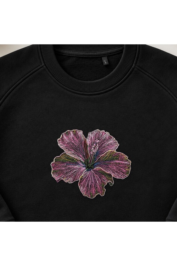 Tropical Hibiscus Floral Pattern Embroidered Crew Neck Sweatshirt Unisex