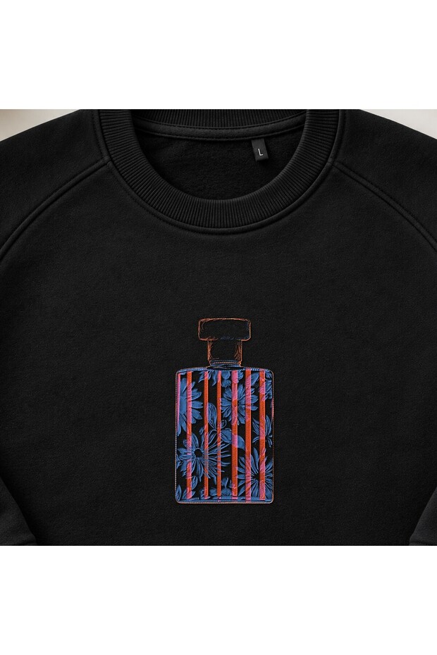 Floral Perfume Bottle Embroidered Crew Neck Sweatshirt Unisex