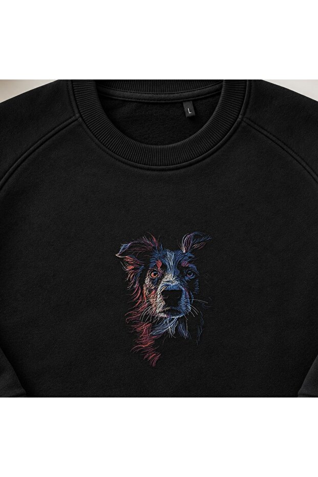 Colorful Border Collie Dog Embroidered Crew Neck Sweatshirt Unisex