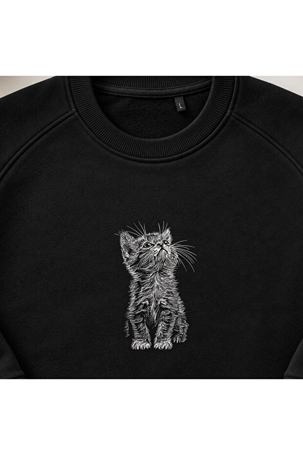 Curious Kitten Embroidered Crew Neck Sweatshirt Unisex