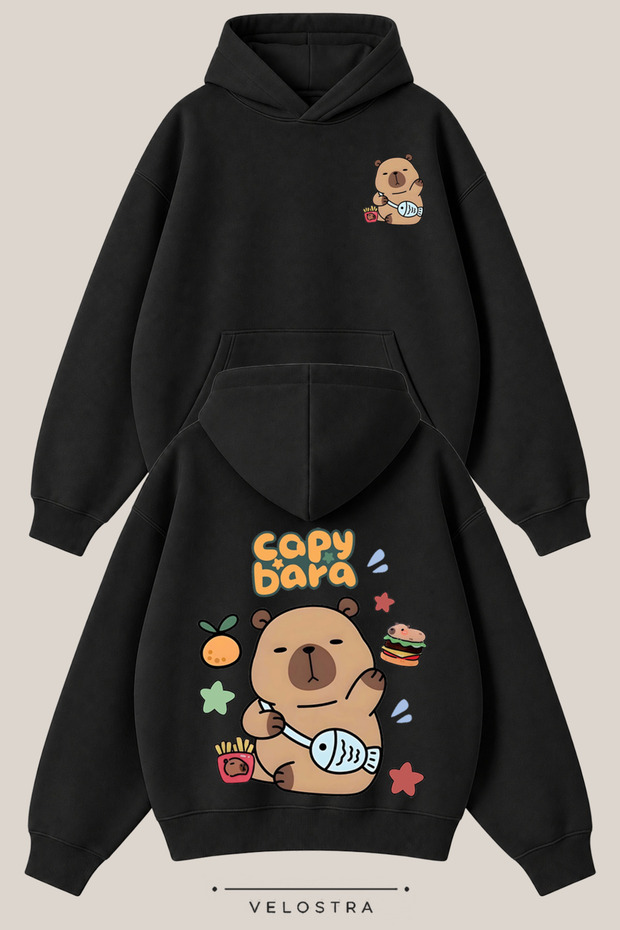 Unisex Capybara Printed Front and Back Design Oversize 3 Thread Ribbed Hooded Sweatshirt