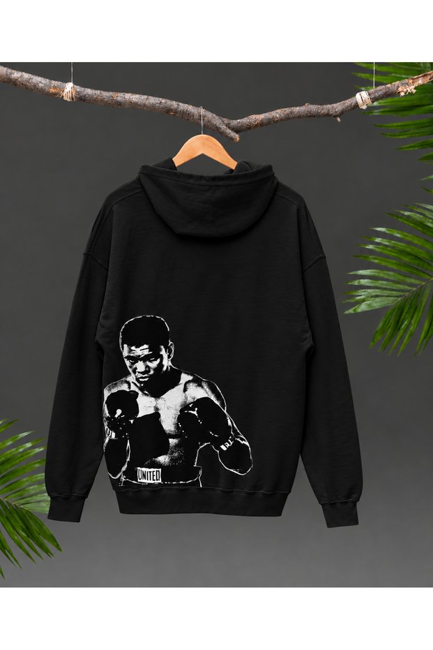 Muhammad Ali Boxing Themed Oversize Hooded Sweatshirt Black and White Printed