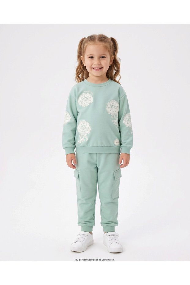 Girl's Floral Printed Seasonal Compact 2-Strand Tracksuit Set for Ages 2-3-4-5-6