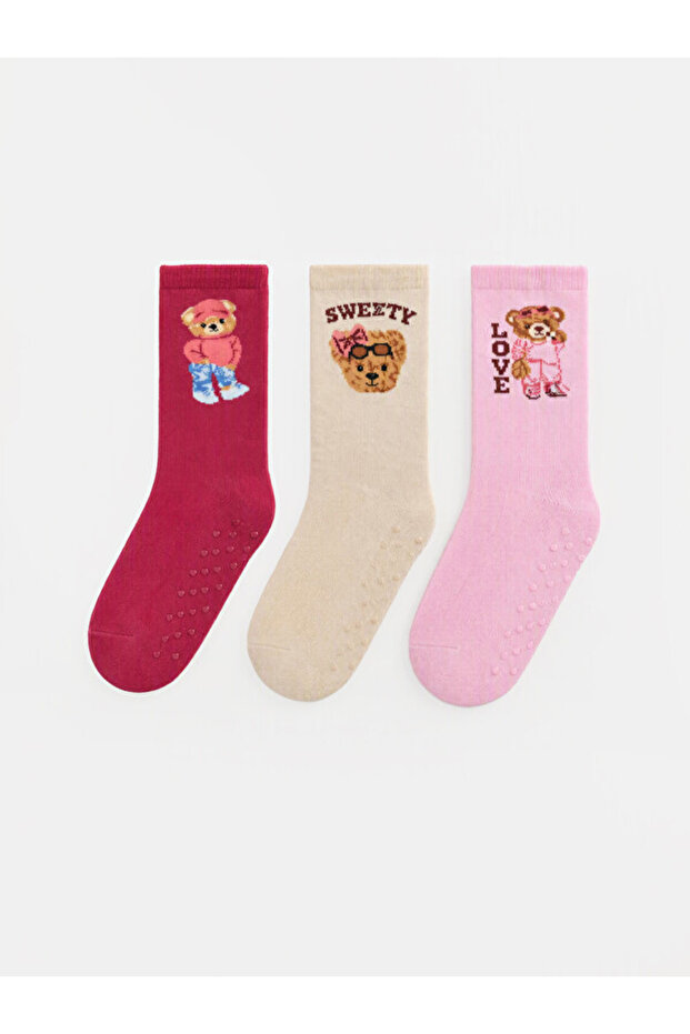 Esvab • Modern & Distinctive 3-Piece Cute Teddy Bear Embroidered Girls' Towel Socks