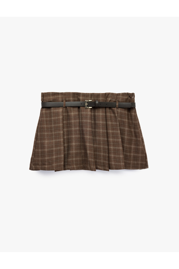 Belted Pleated Plaid Mini Skirt