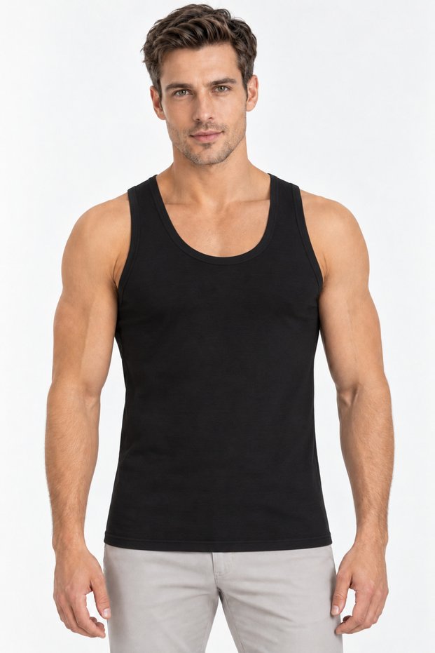 Men's Cotton Modal Flexible Wide Strap Undershirt Single Black
