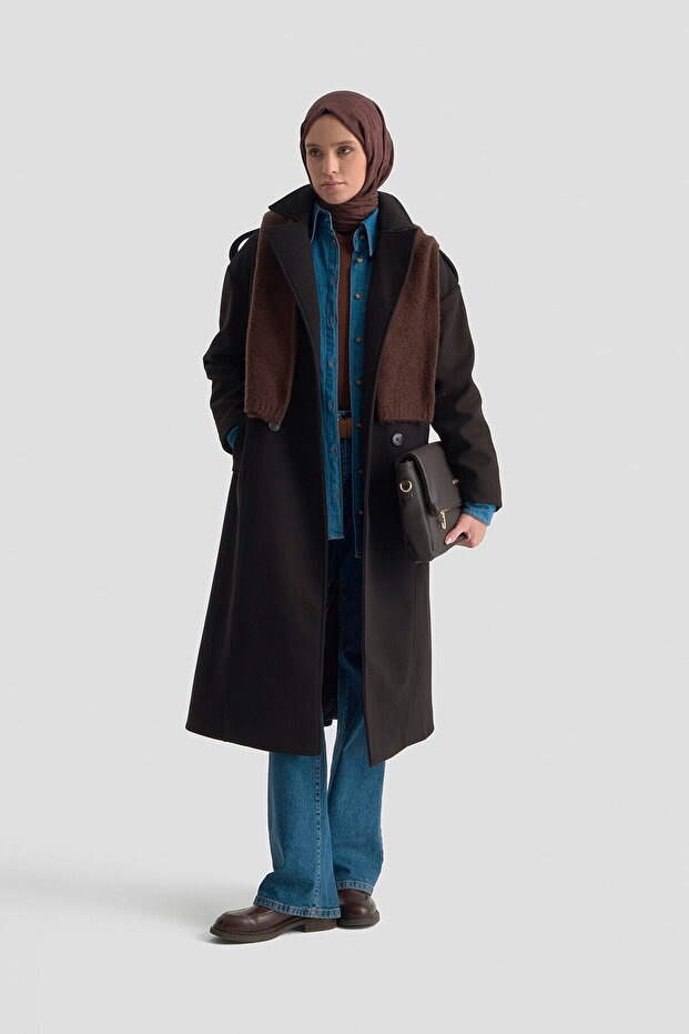 Aller Detailed Buttoned Coat Black