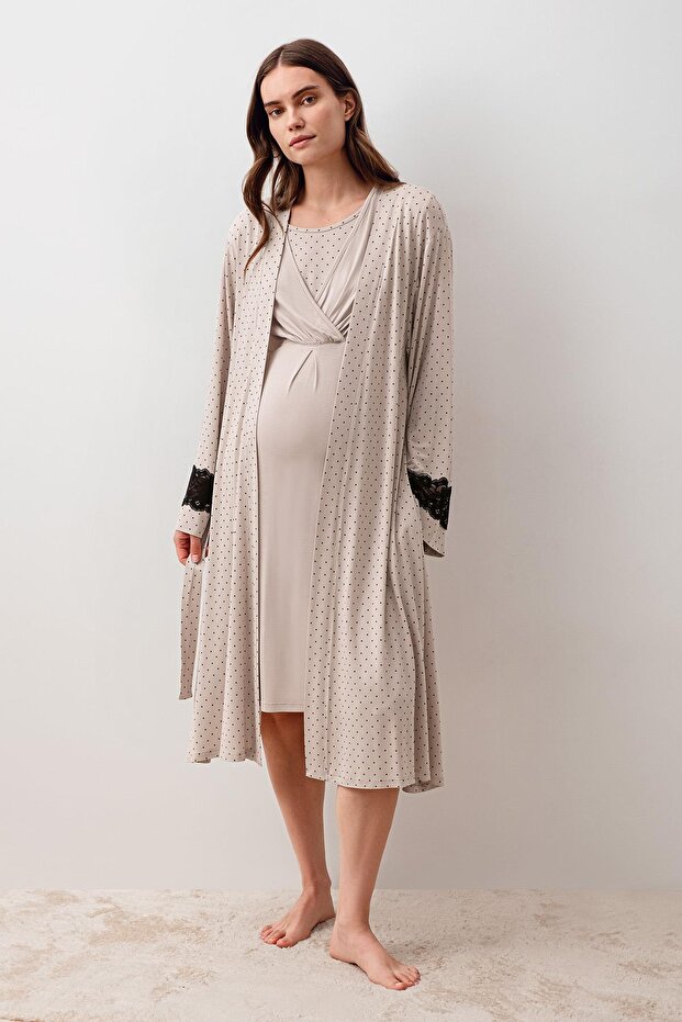 Polka Dot Long Sleeve Short Lycra Viscose Maternity Dressing Gown Nightgown Set