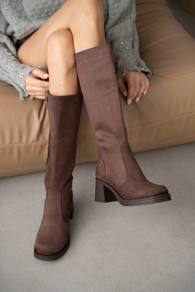 Cassa High and Thick Heeled Women's Boots - Brown Suede