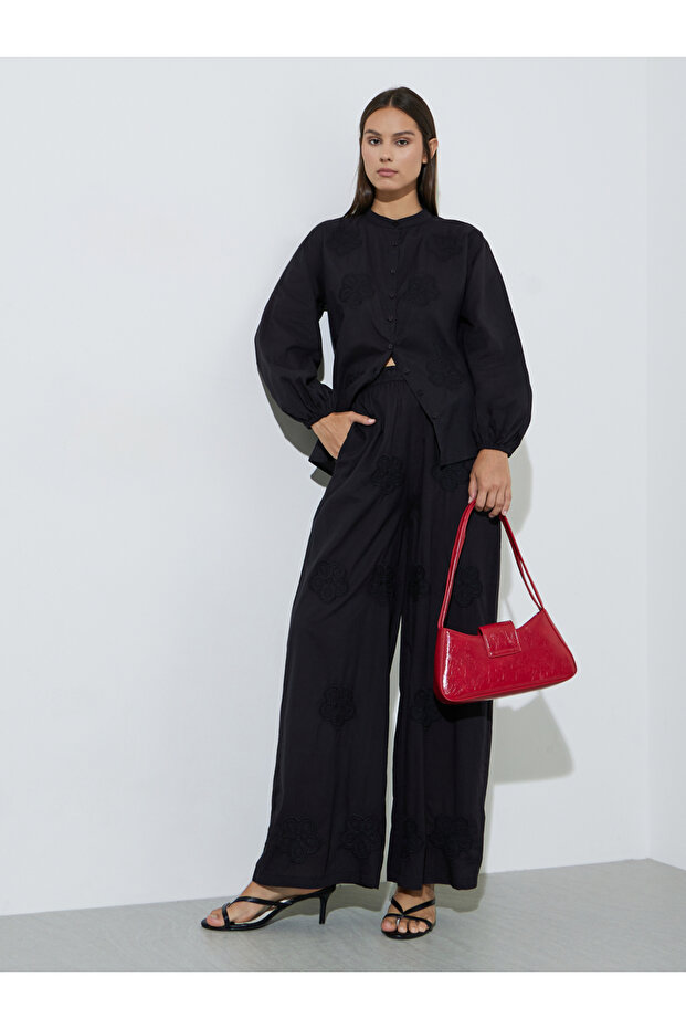 Black Schiffli Shirt and Wide Leg Pants Co-ord Set
