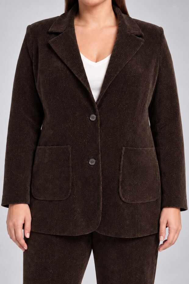 Soft Velvet Buttoned Plus Size Lined Jacket Brown