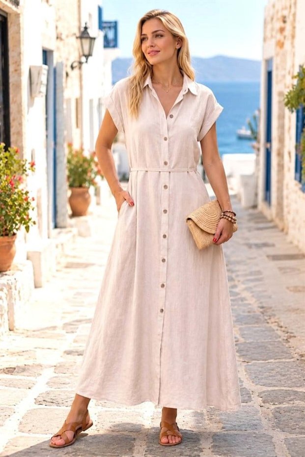 Cream Color Linen Shirt Dress