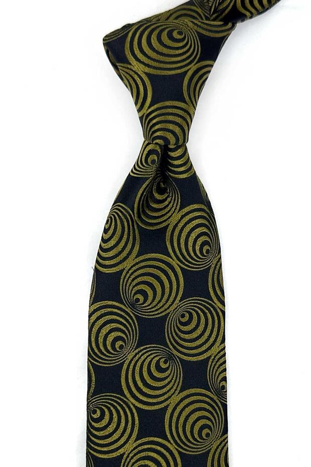 Black Green Motif Pattern Italian Silk Tie İk2602