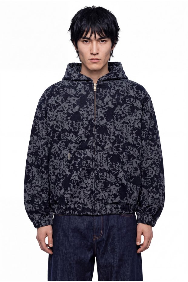 Men's Patterned Hooded Jean Jacket Blue Abstract