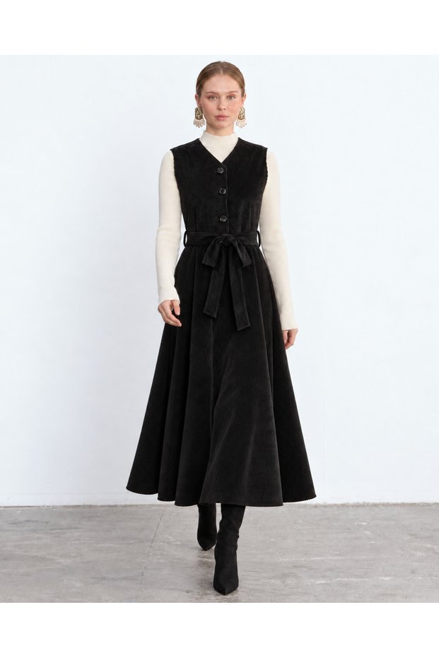 Black Corduroy A-Line Maxi Length Front Buttoned Belted Viola Dress