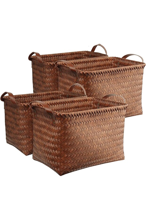 SKY-TOUCH 4pack Rectangular Rattan Storage Basket with Handle,Strong and Durable Hand-Woven Rattan Basket for Organizing,Storage and Organizer Baskets,38 28 24cm, Coffee Color