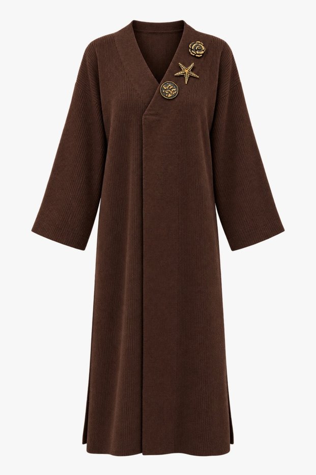 Collar Brooch Detailed Long Knitwear Cardigan