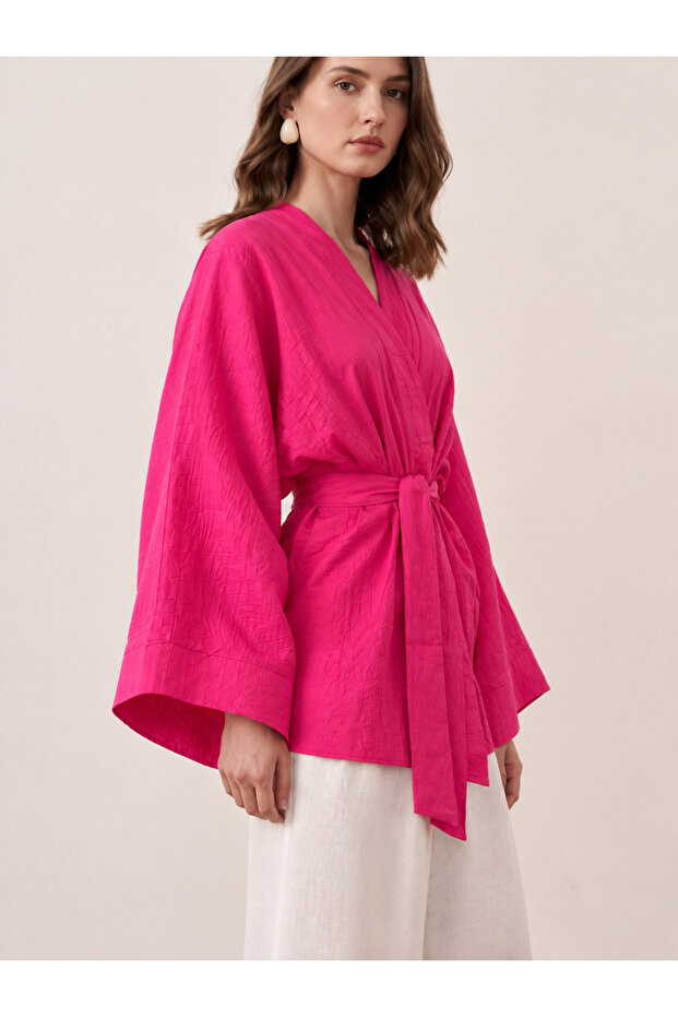 Pink Crinkle Fabric Belted Kimono